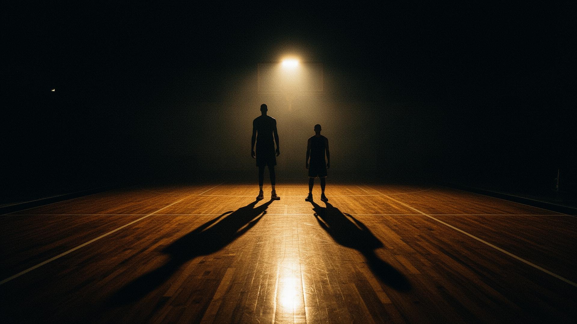 Two basketball silhouettes on an empty court